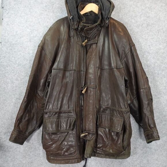 Vintage‎ Heavy Genuine Leather Toggle Coat XL Wool Lining Distressed ANDREW MARC - Picture 1 of 16